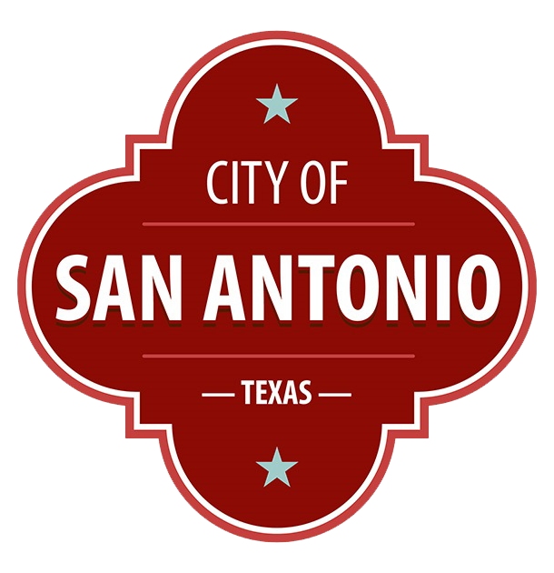 Decorative red emblem with white text for City of San Antonio Texas.