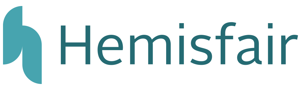 Hemistair logo design featuring modern blue and teal text and butterfly wing shape.