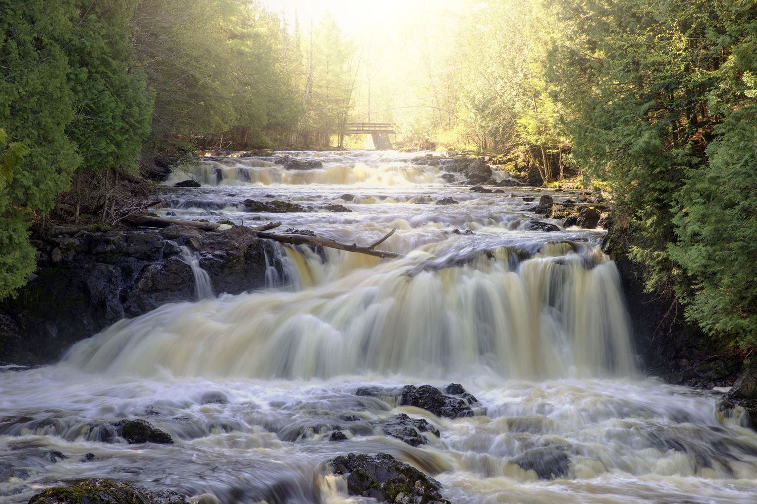 Copper Falls State Park Northwoods Wisconsin waterfall on a sunny day