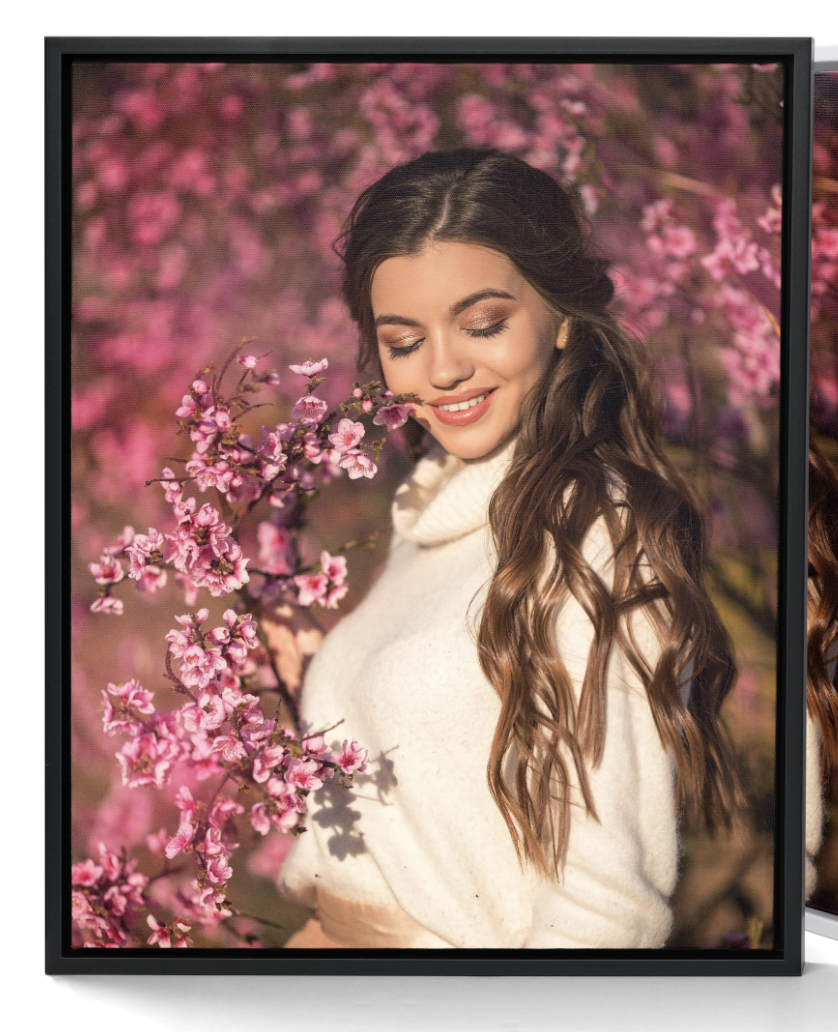 A series of photos showing someone in a white sweater admiring pink cherry blossoms against a soft bokeh background.