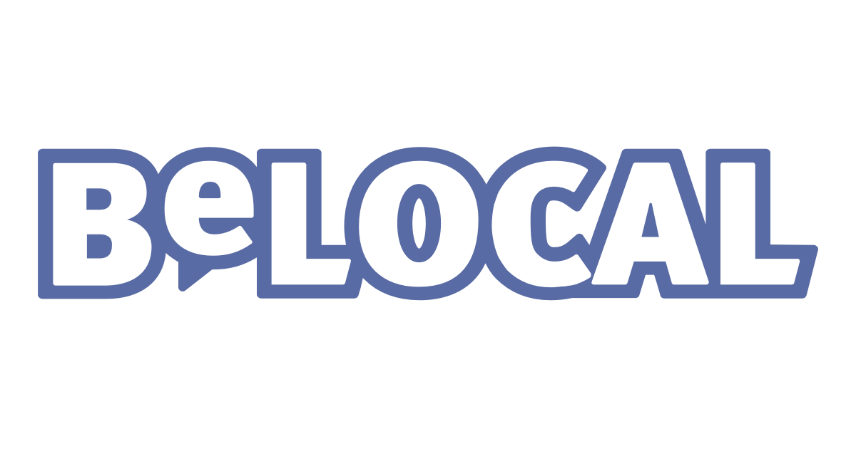 Blue stylized text logo that reads 'BE LOCAL' with outline effect and shadowing on black background.