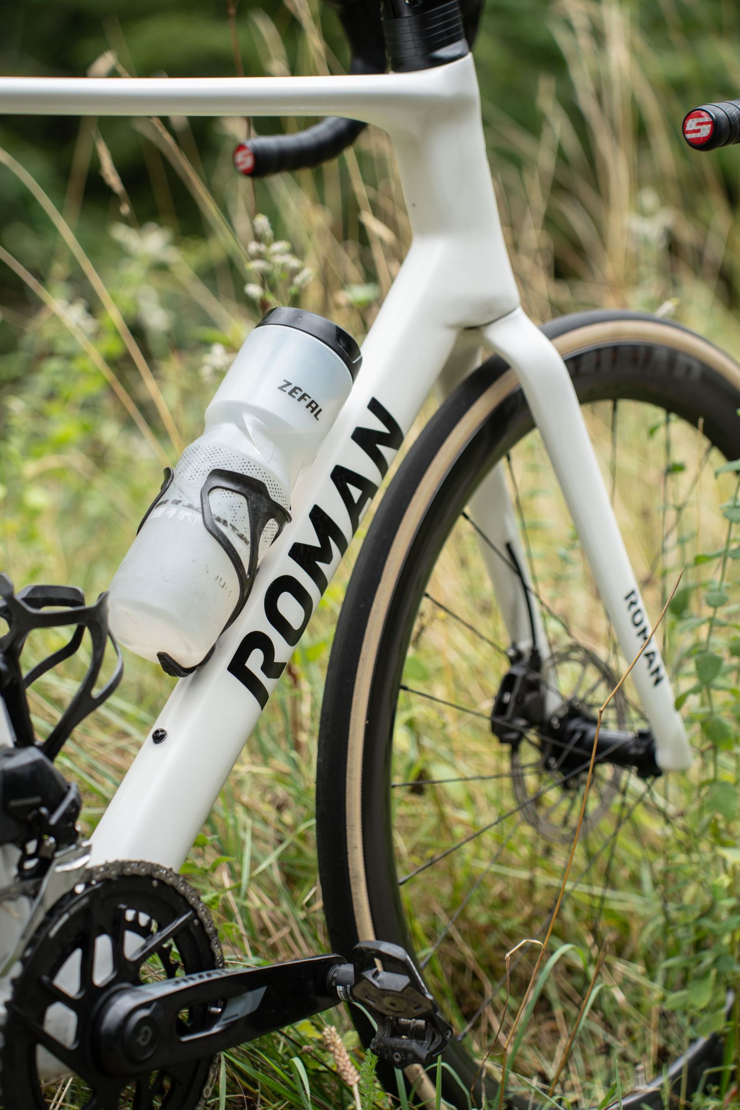 White Roman brand road bicycle with Zefal water bottle leaning against tall grass.