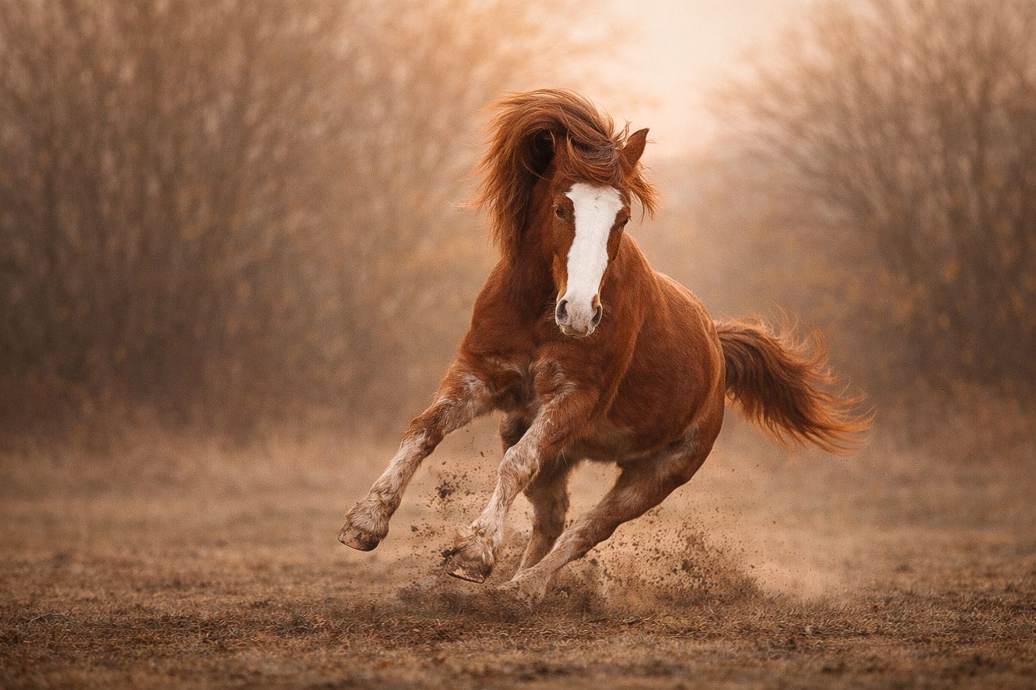 Chestnut horse with white blaze galloping through dusty field at golden sunset.