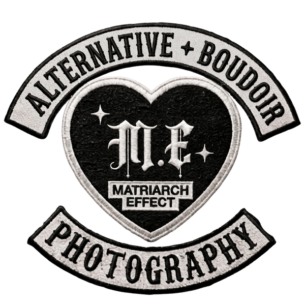 Alternative Boudoir Photography patch logo featuring M.E. Matriarch Effect in a heart design with biker-style embroidery.