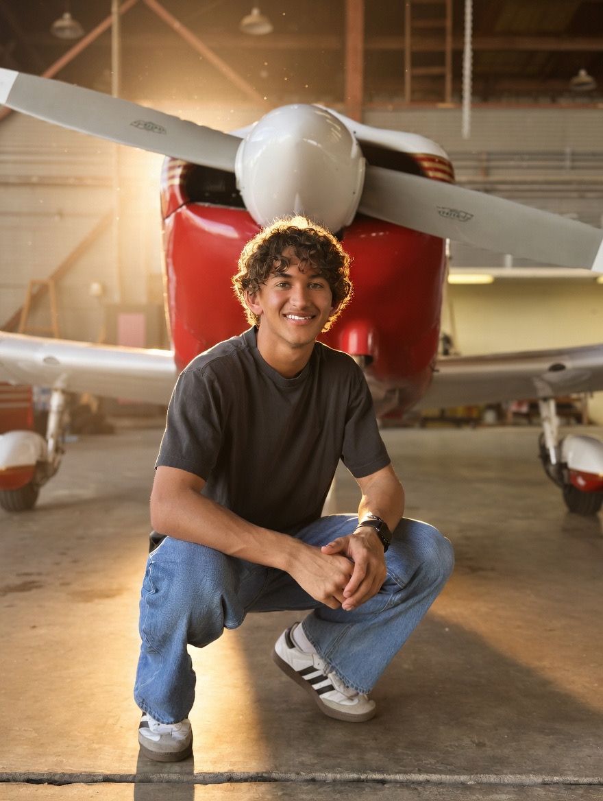 Young man with curly hair crouching in front of a red propeller plane inside an aircraft hangar.