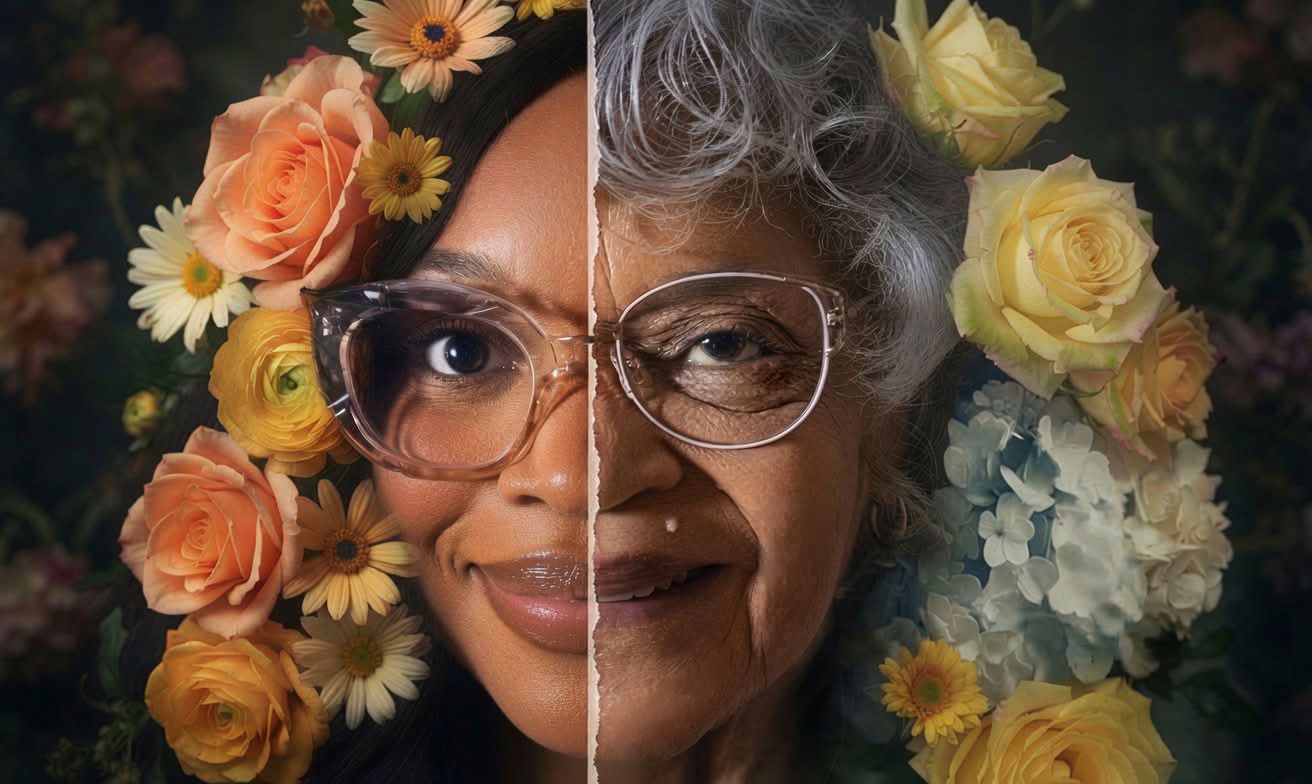 Split portrait of young and elderly Black woman with glasses, surrounded by colorful roses and flowers.
