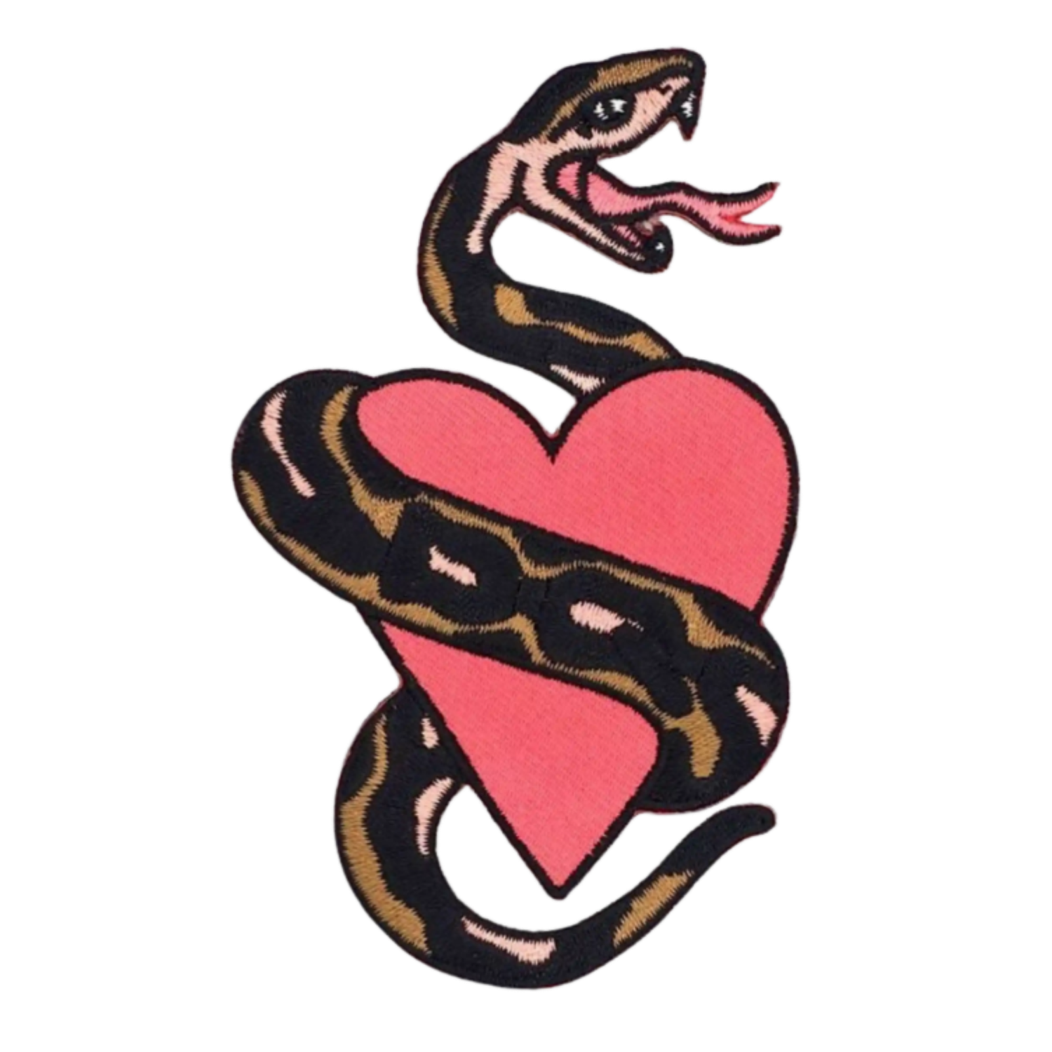 Tattoo-style embroidered patch of a snake wrapped around a pink heart on white background.