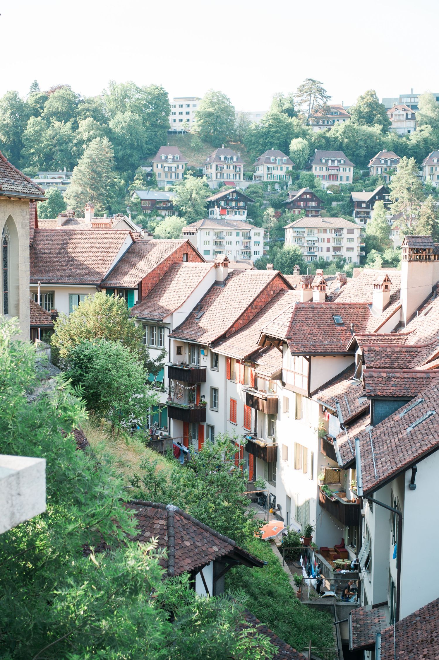 View over rooftops and historic homes in a European town