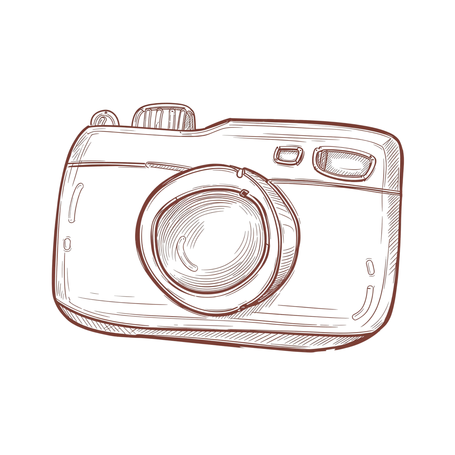 Hand-drawn sketch of a vintage compact camera with detailed lens, buttons, and retro design in brown ink outline.