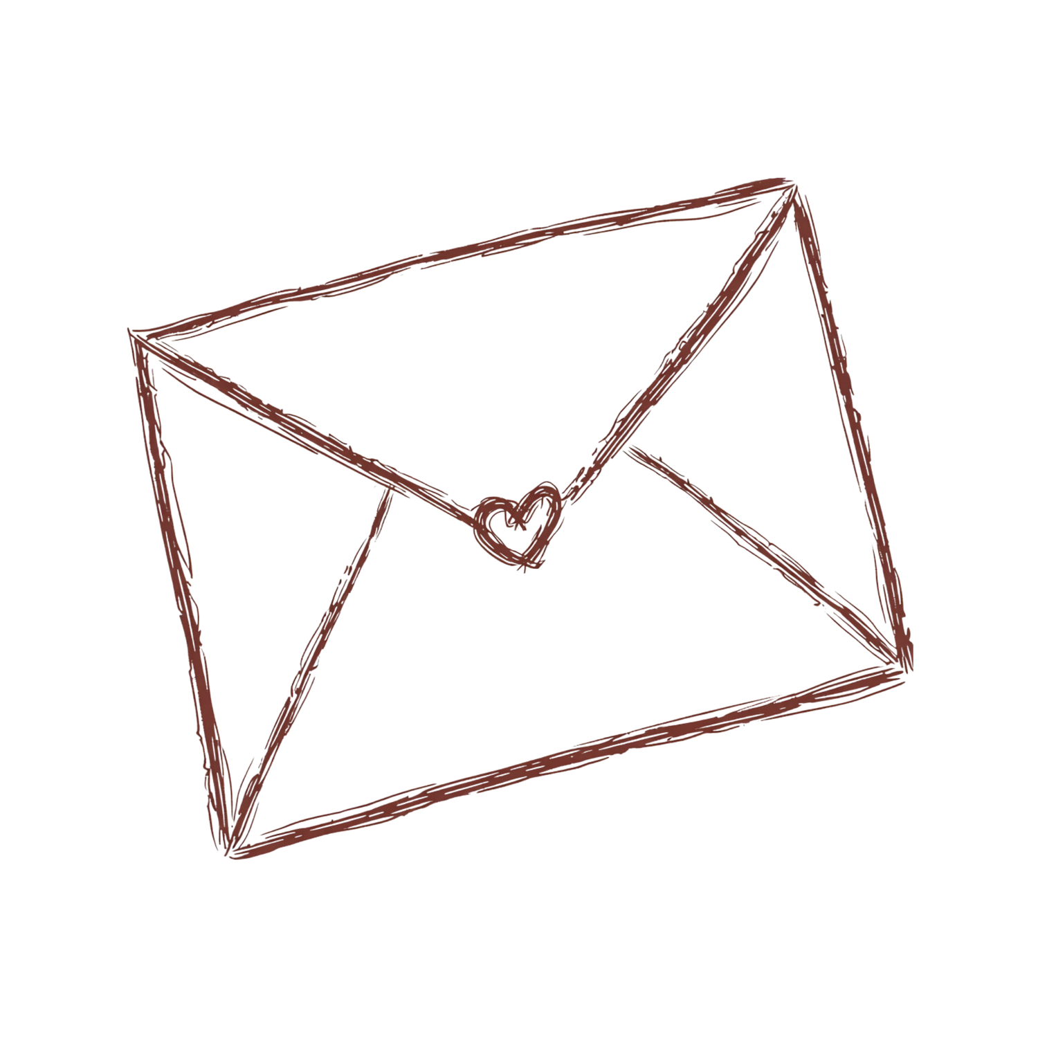 Hand-drawn sketch of a mail envelope with a small heart seal, illustrated in red pencil style on white background.