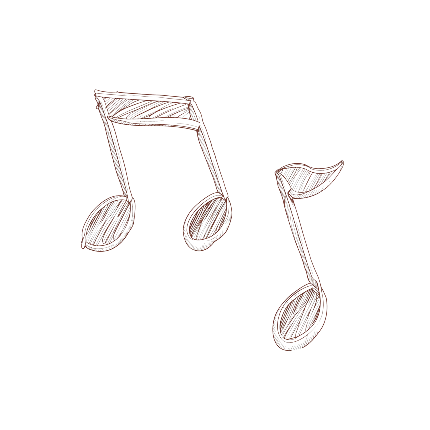 Hand-drawn sketch of two musical notes in a vintage style, illustrated with soft brown pencil lines on white background.