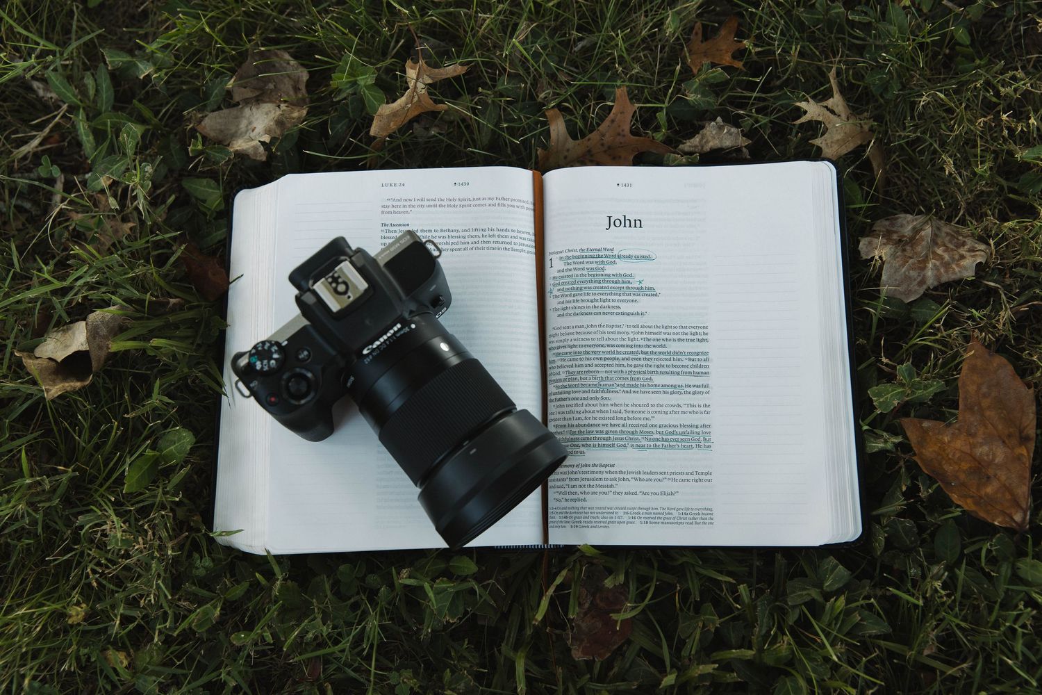 A black DSLR camera resting on an open Bible placed on green grass with autumn leaves.