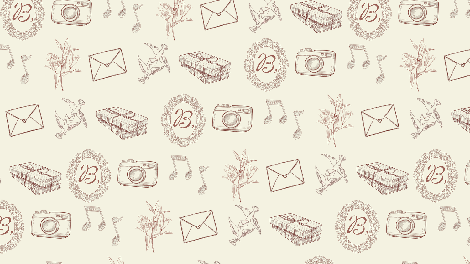 Vintage sketch pattern with cameras, envelopes, music notes, books, and floral elements on cream background.