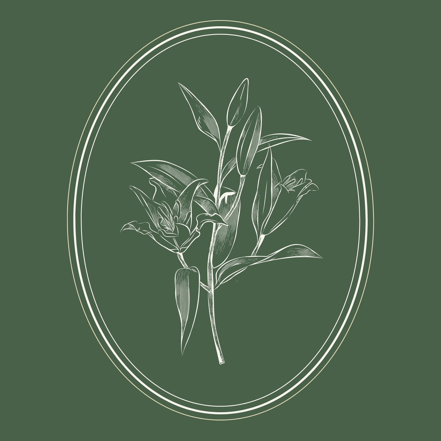 Elegant white line drawing of lily flowers in an oval frame on a dark green background.