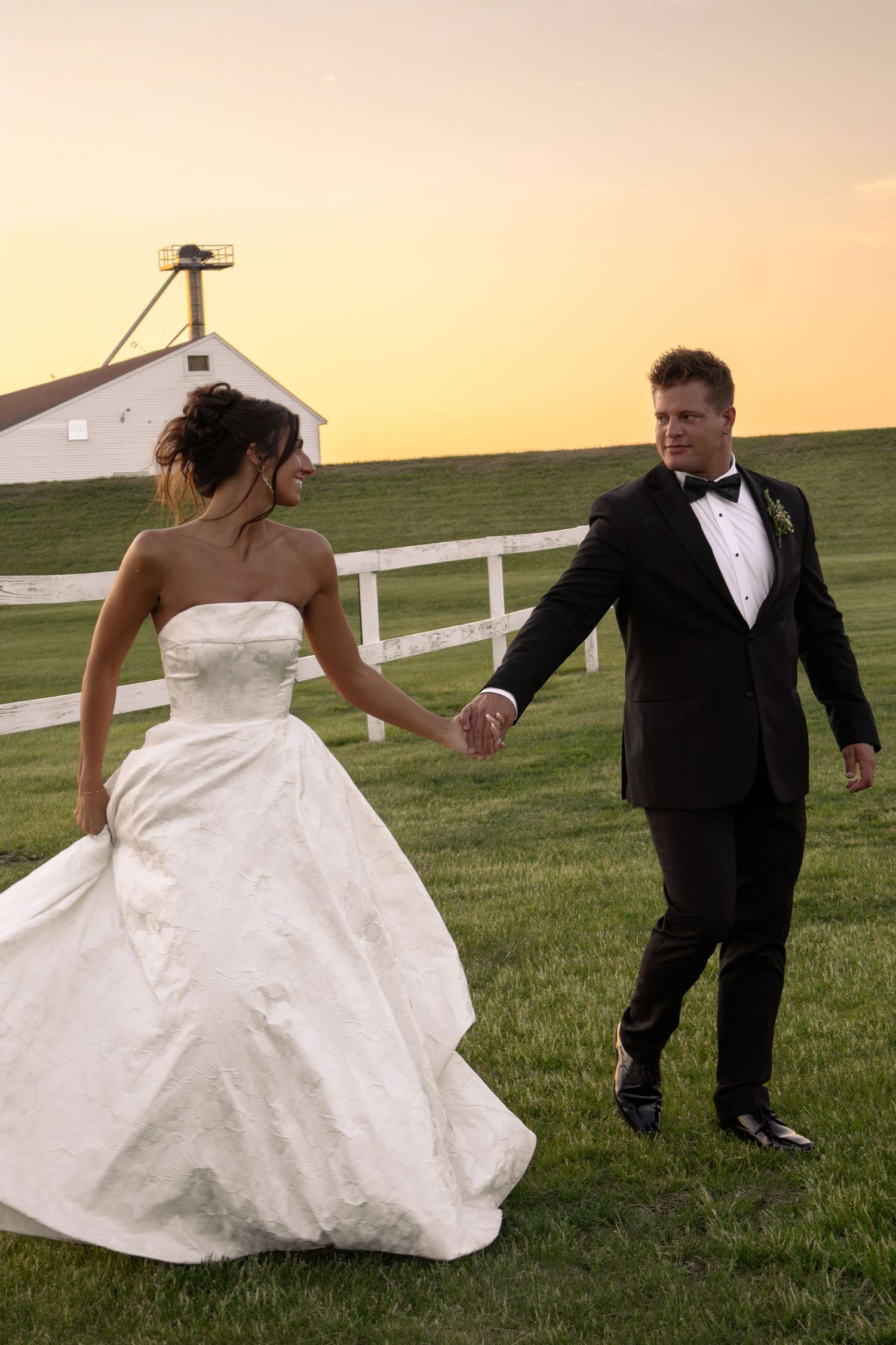 golden hour bride and groom portrait, romantic wedding photos, warm
