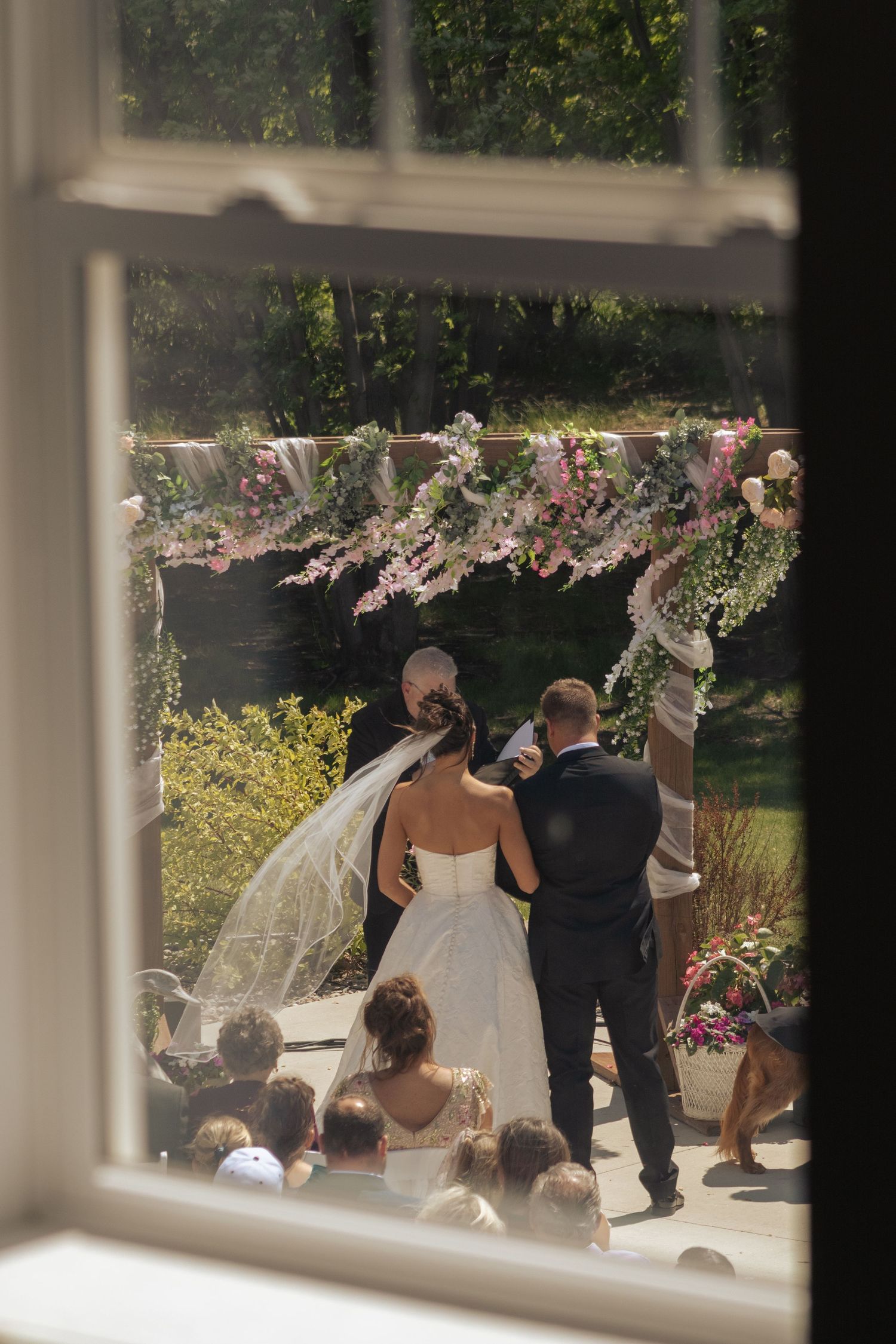 wedding ceremony through window, second shooter, outdoor wedding, summer wedding