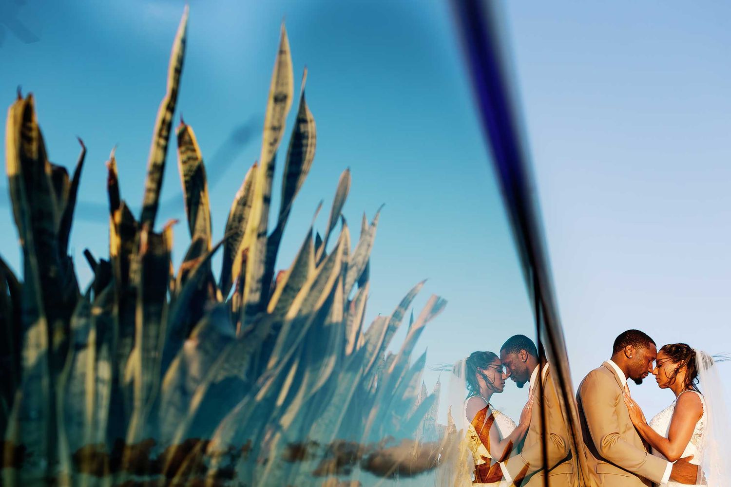 Creative wedding portrait at Fairmont Mayakoba Playa del Carmen with artistic reflections and elegant Riviera Maya style