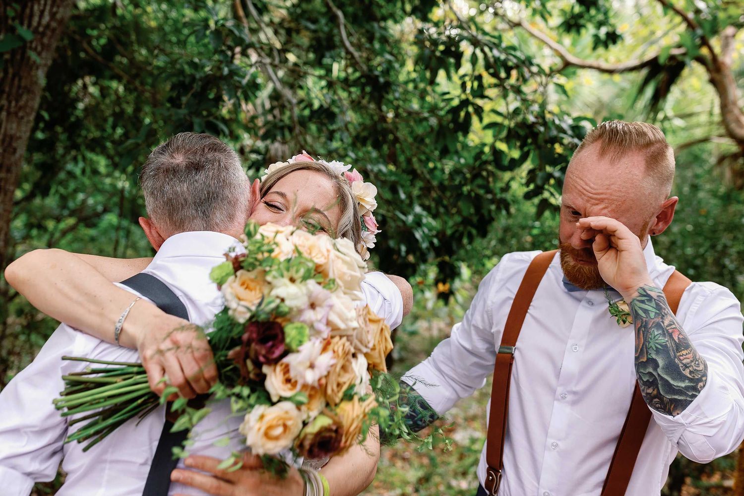 Veronica embraces a loved one while an emotional Jeff wipes away a tear after their intimate civil ceremony at Cenote Hats’uts.