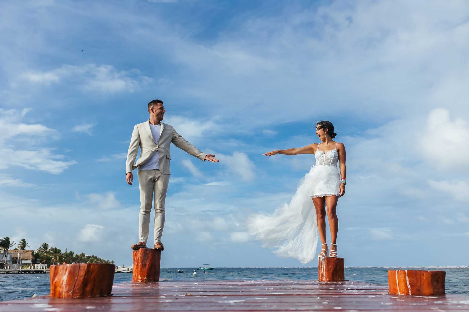Couple embracing during engagement photography session in Puerto Morelos Cancun