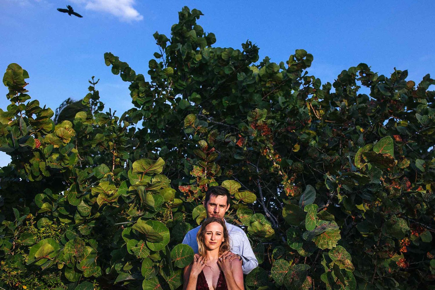Romantic engagement photo surrounded by tropical trees and natural scenery in Punta Esmeralda Riviera Maya.