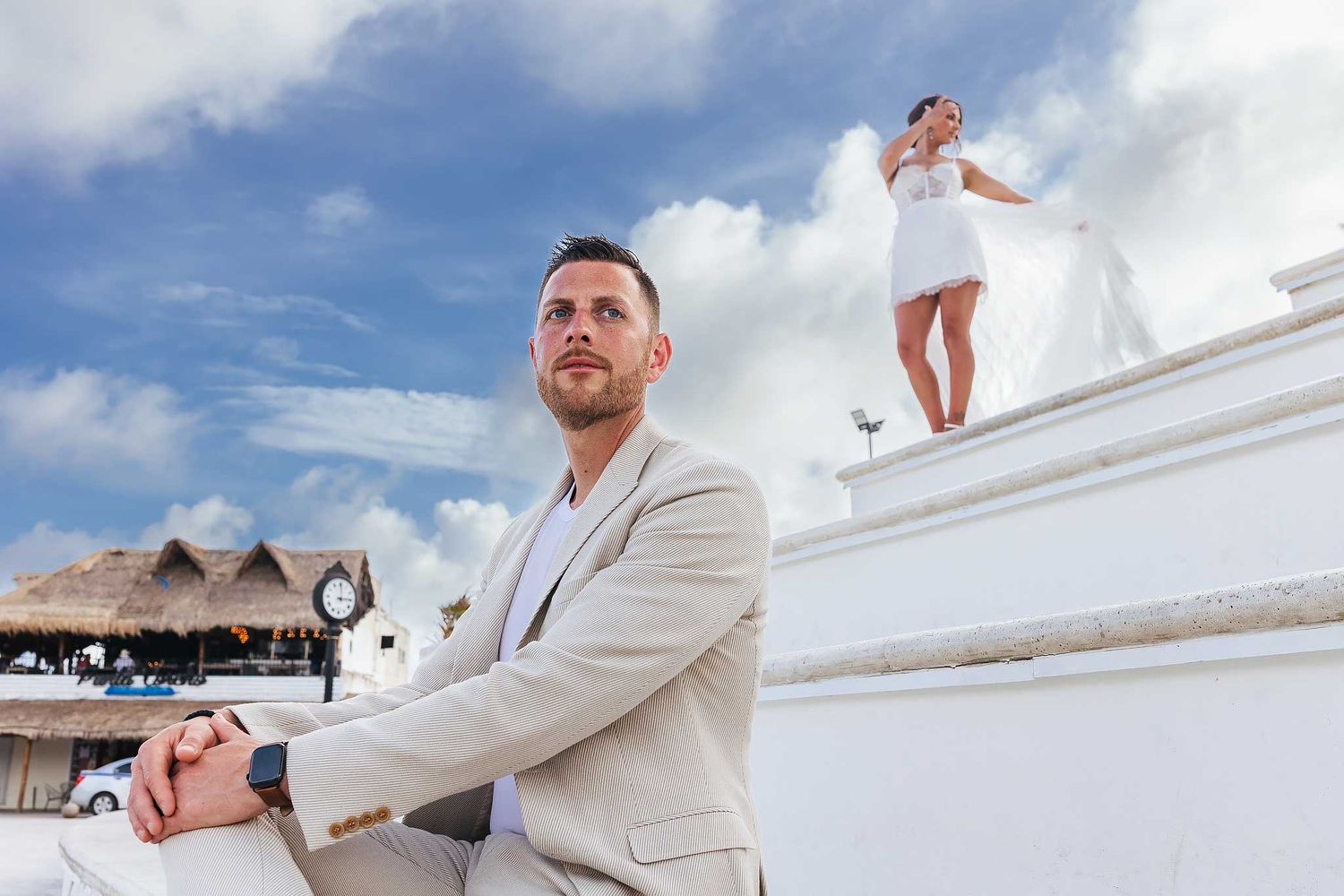 Modern destination engagement photography in Puerto Morelos Cancun