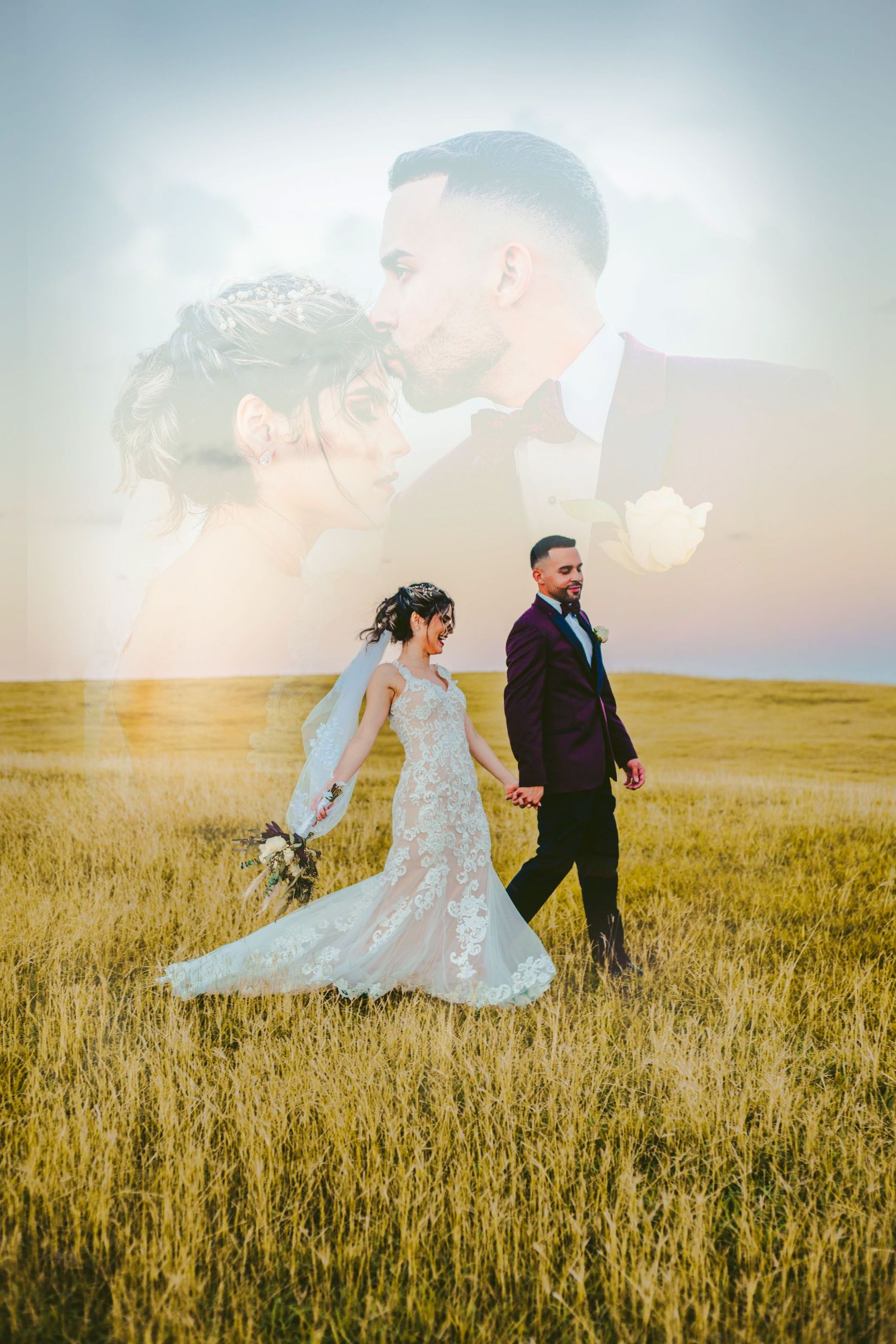 Double exposure wedding photo of couple walking in golden field at sunset.