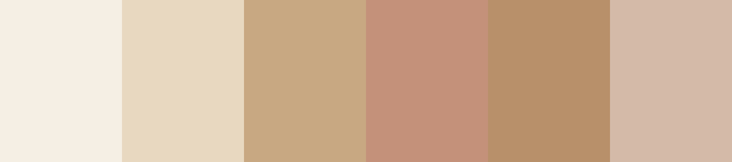 A warm neutral color palette featuring five shades from soft ivory and beige to golden tan and dusty rose brown tones.