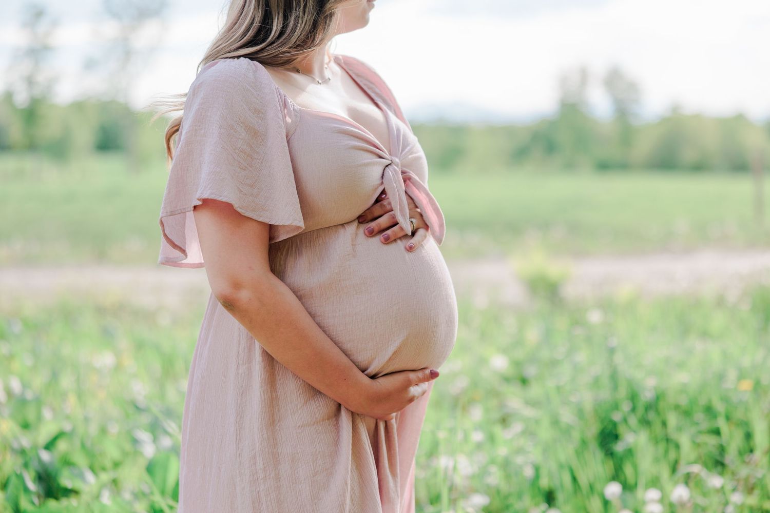 Close-up of a pregnant woman in a pink dress cradling her baby bump while standing in a green field.