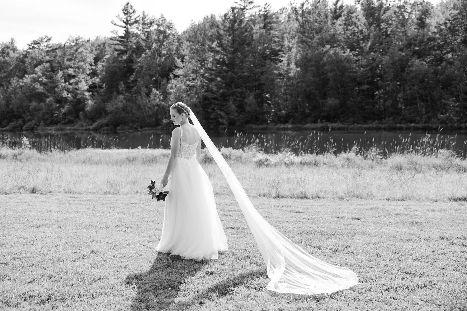 Black and white portrait of bride in flowing gown and long veil in meadow.