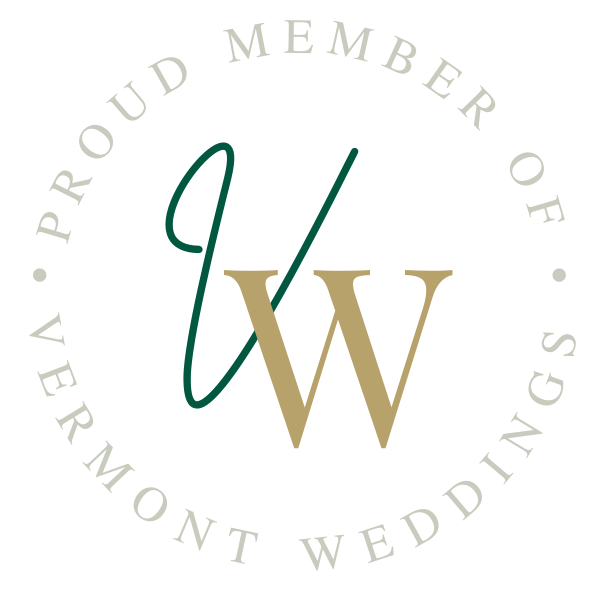 Proud Member of Vermont Weddings official circular badge logo in green and gold colors.