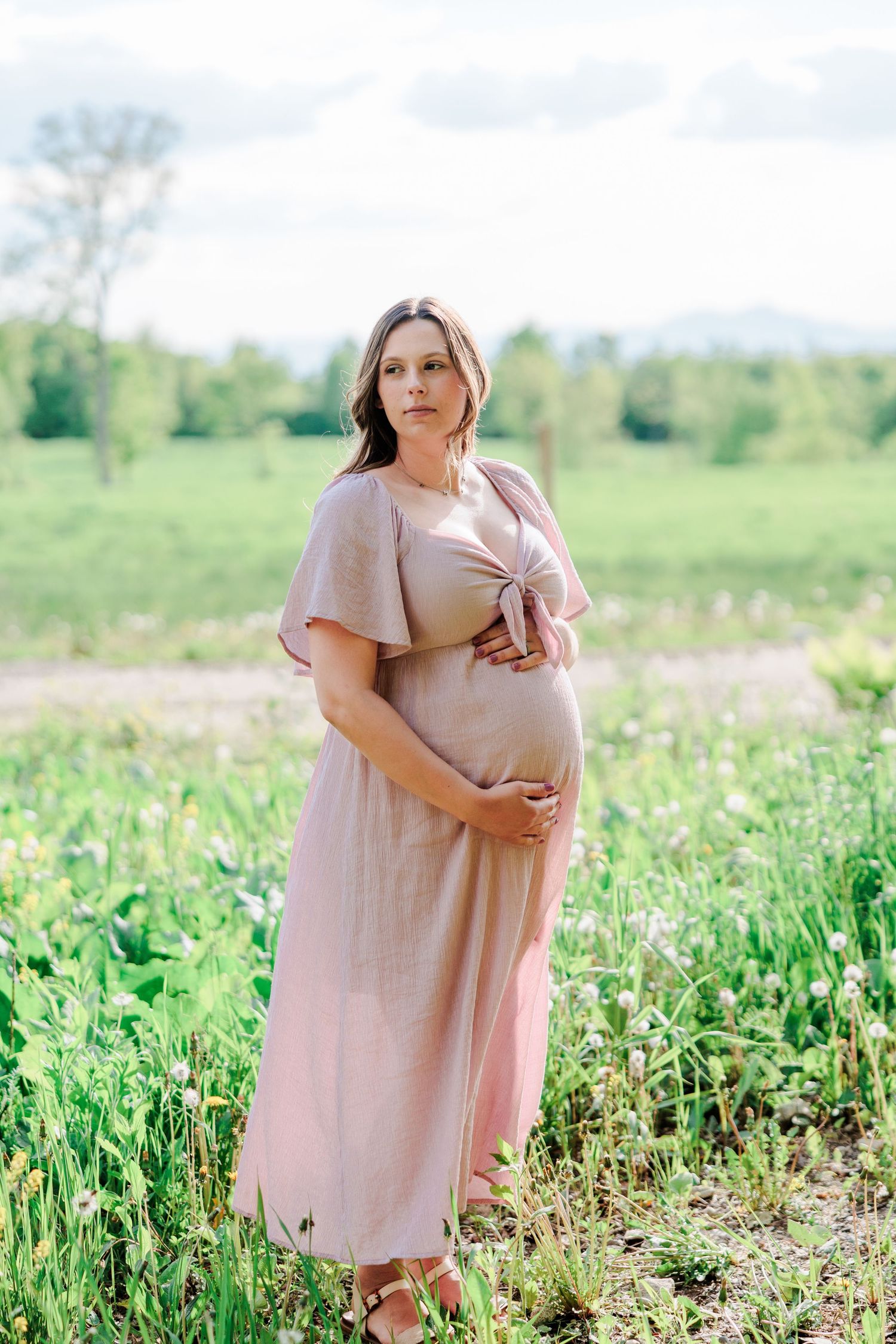 A pregnant woman in a blush pink dress standing in a lush green field, gently holding her baby bump.