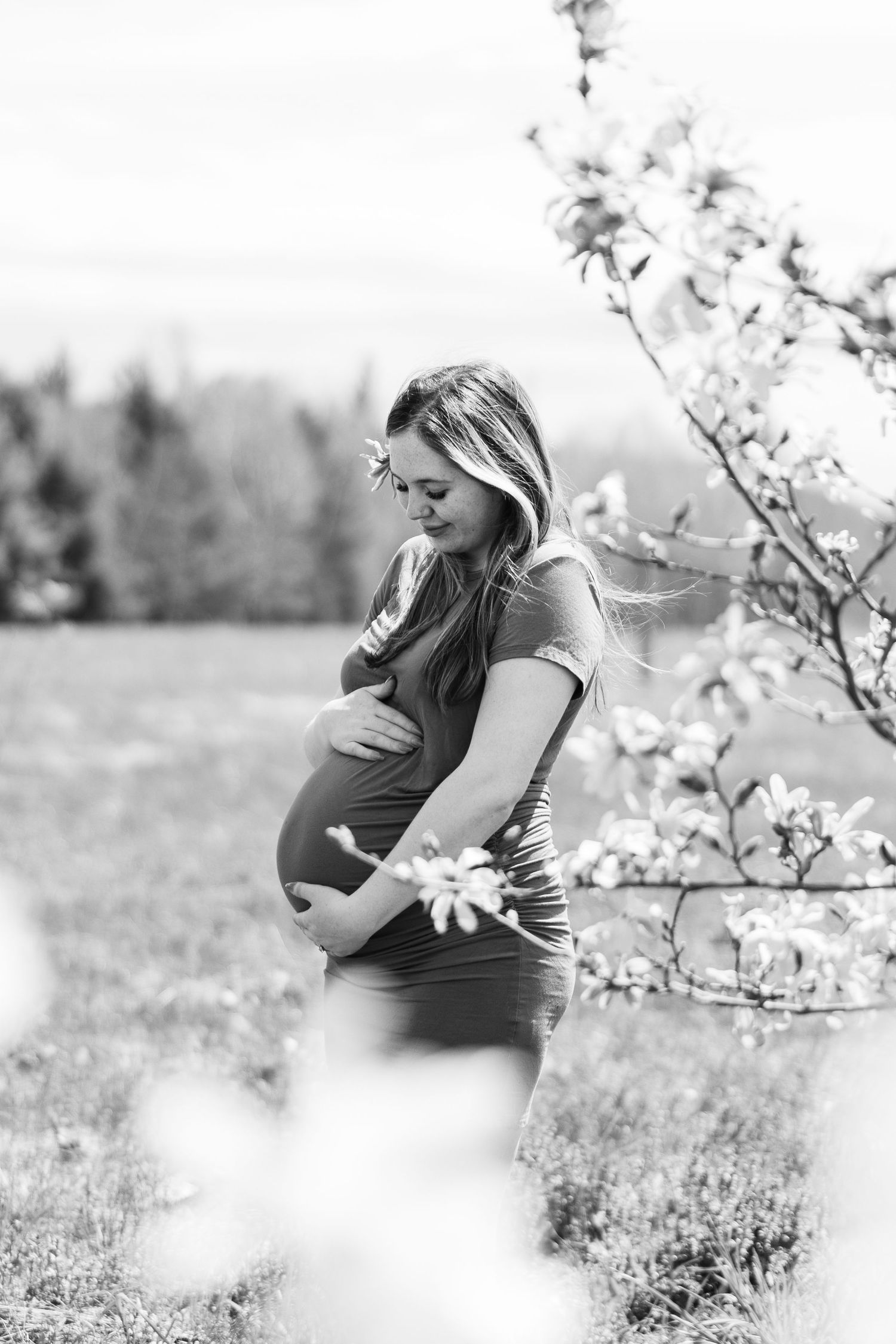 Black and white portrait of a pregnant woman cradling her baby bump near flowering trees in a field.