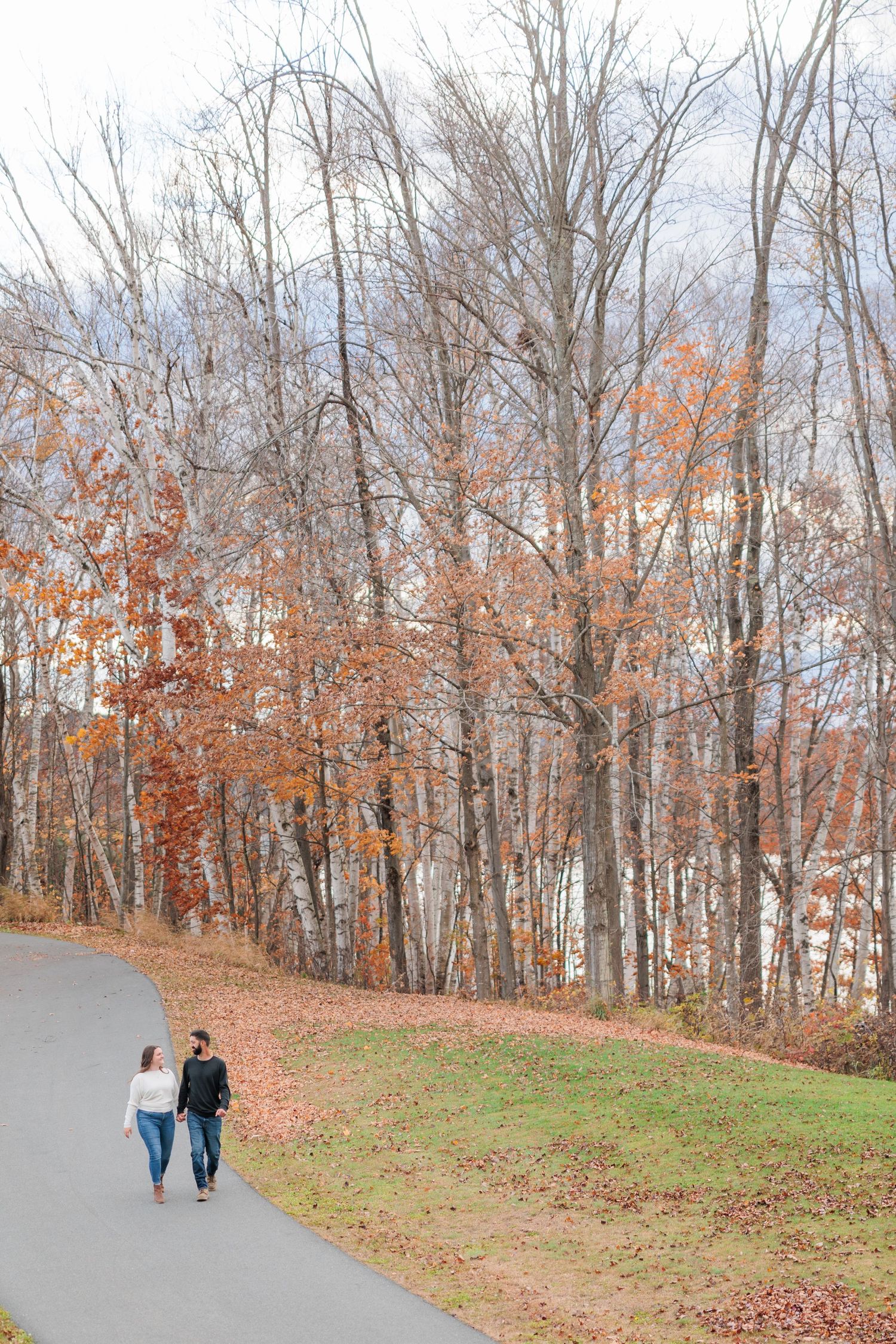 Couple holding hands walking along a winding path surrounded by bare and autumn-colored trees in a park.