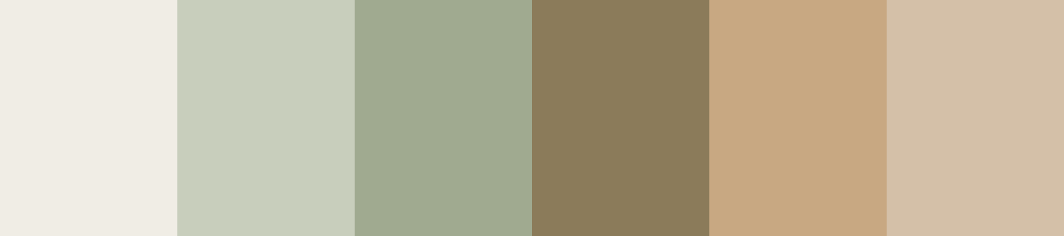 A harmonious color palette featuring five muted tones: cream, sage green, dusty green, warm taupe, tan, and soft blush beige.