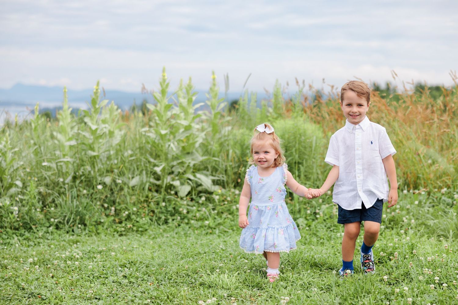 Two young siblings holding hands and walking through a lush green meadow on a cloudy day.