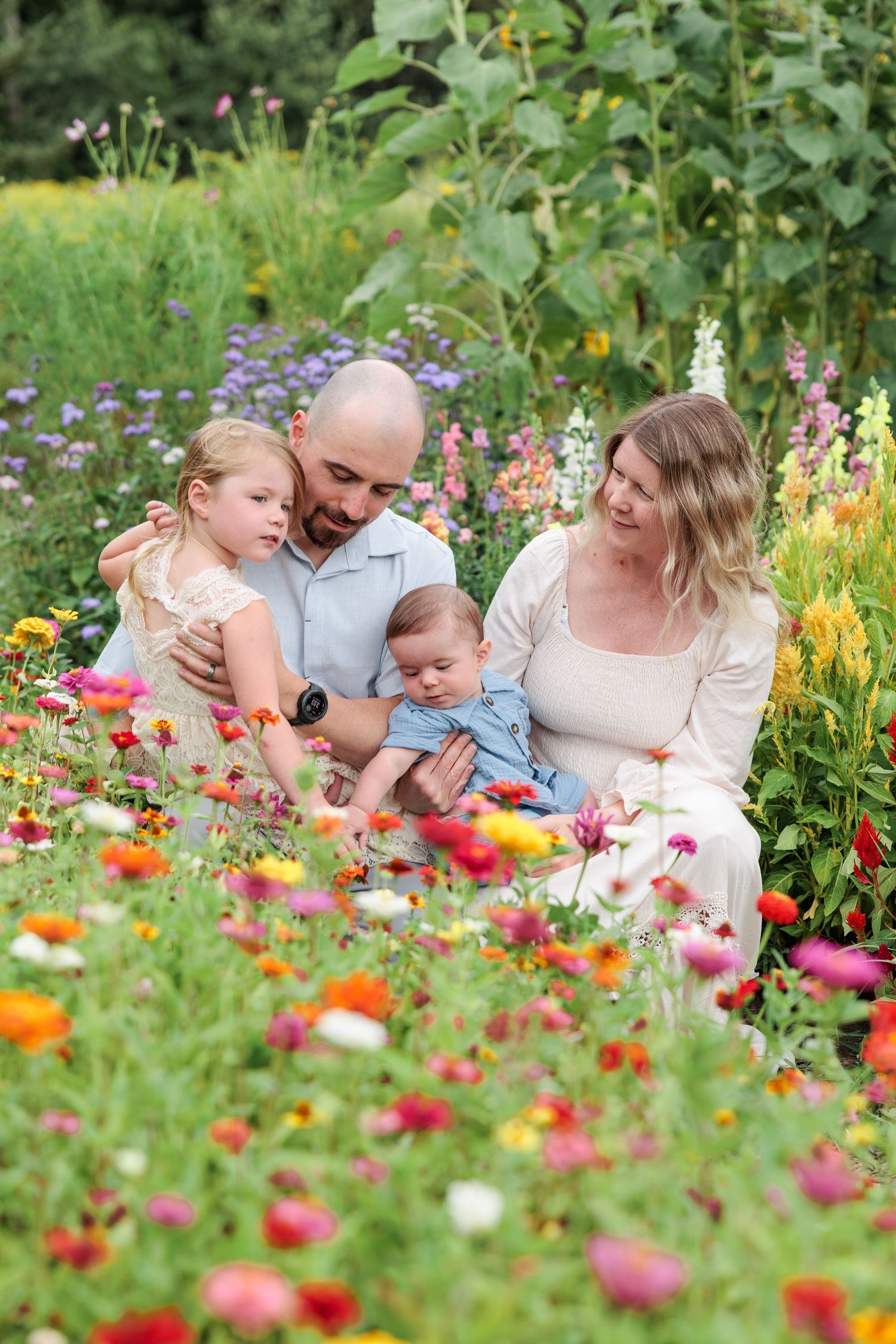 A family of four enjoys a sunny day sitting among colorful blooming flowers in a garden.