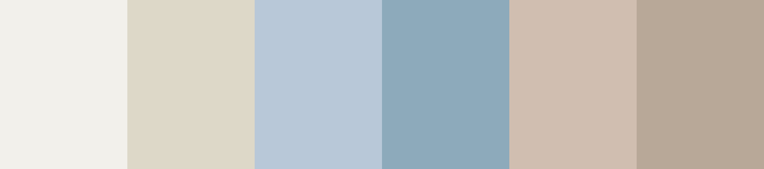 A soft color palette featuring warm whites, beige, light blue, muted teal, pale taupe, and warm gray swatches.