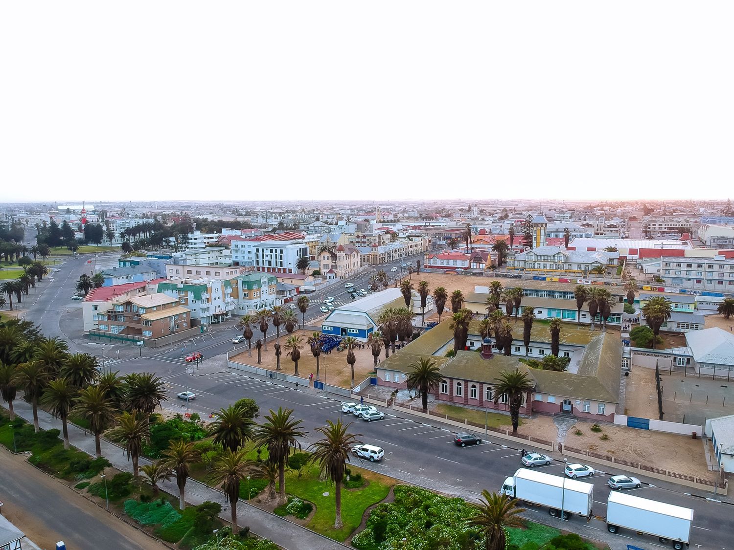 Swakopmund, Namibia drone photograph. An aerial view of the CBD area