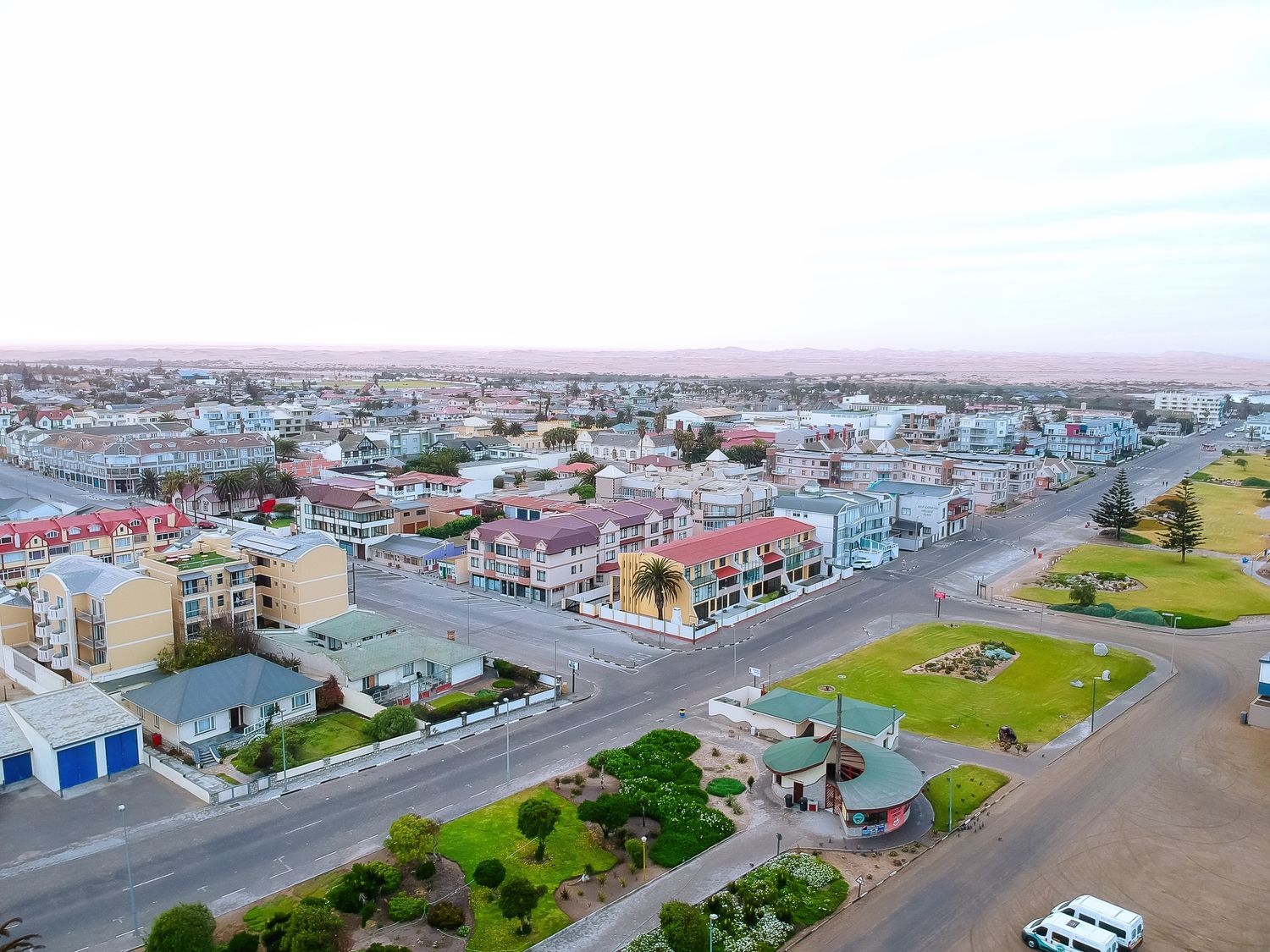 Swakopmund, Namibia drone photograph. An aerial view of the CBD area close to the Jetty.
