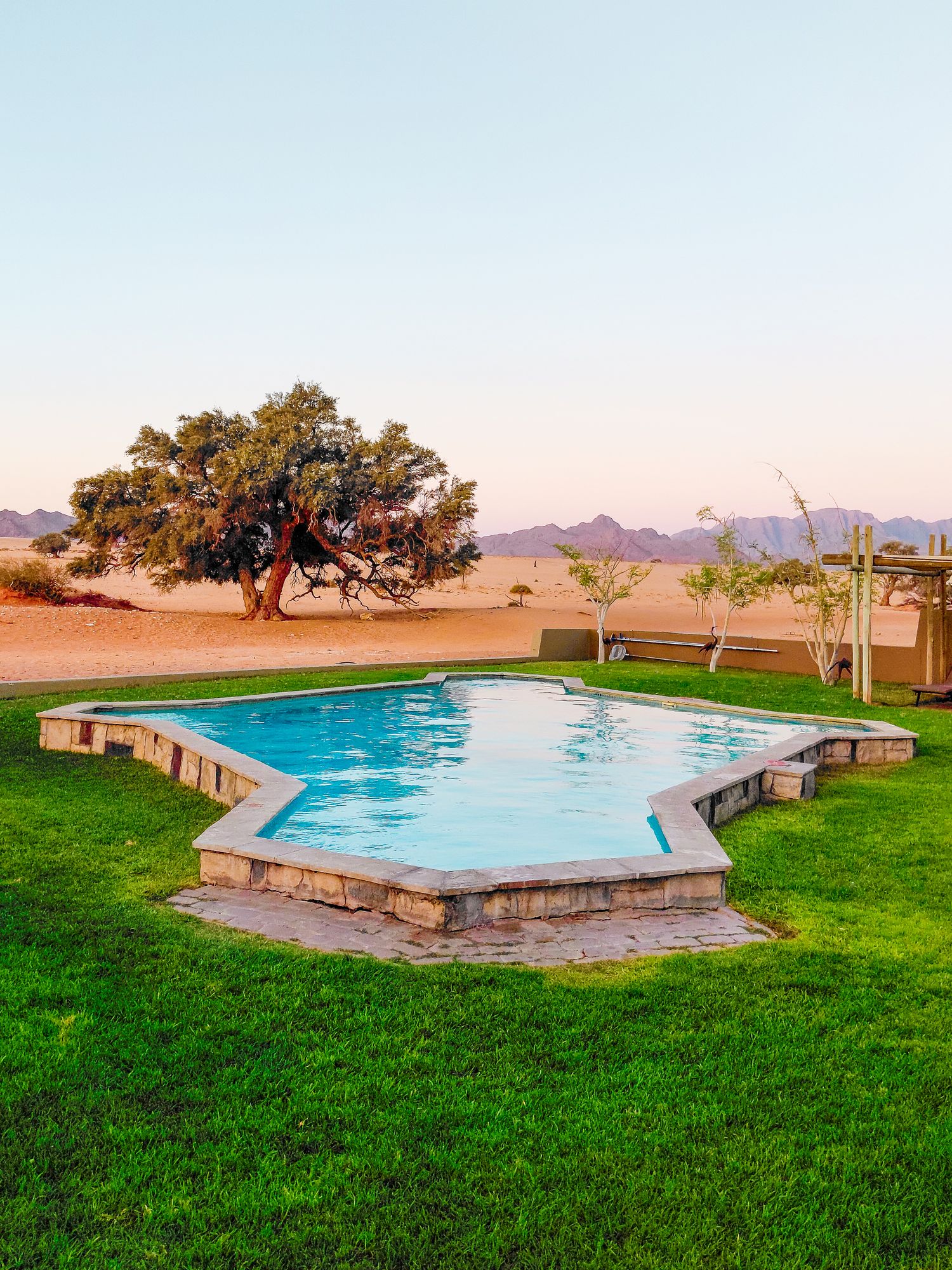 Sossusvlei lodge pool area in sesriem Namibia in the Namibia desert close to deadvlei
