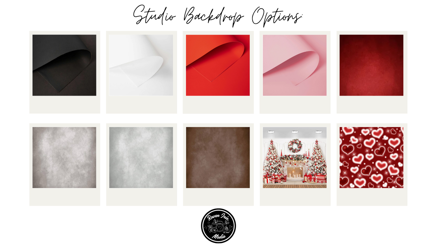 Studio backdrop options by Raven Iris Media in Amarillo, TX, featuring seamless paper rolls and fine-art textured backgrounds.