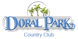 Doral Park Country Club logo featuring elegant blue text with a tropical palm tree emblem.