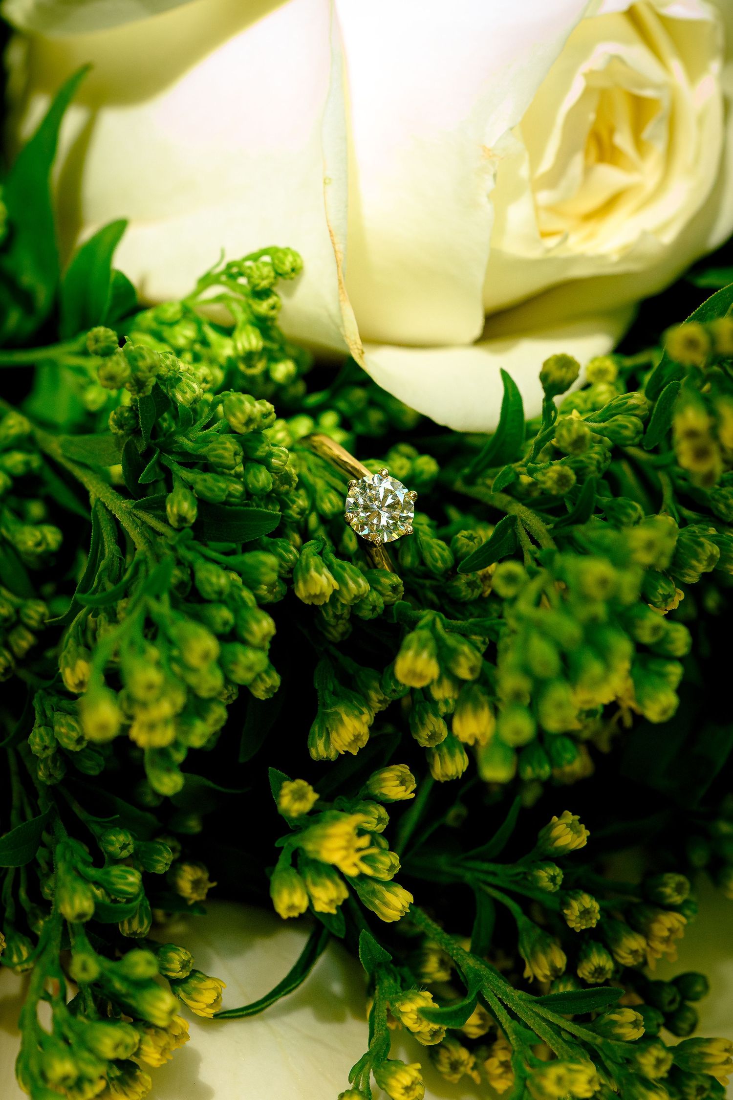 Diamond engagement ring nestled among green flower buds and white roses in a bridal bouquet.