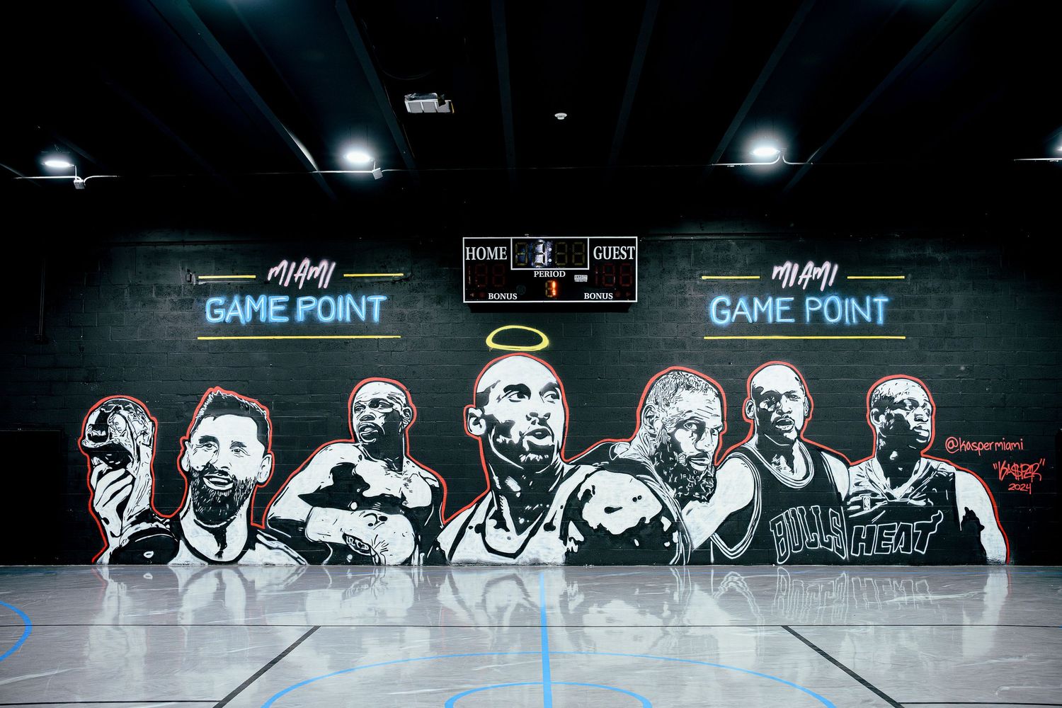 Miami Game Point basketball court mural featuring iconic NBA player silhouettes on a dark wall with neon accents.
