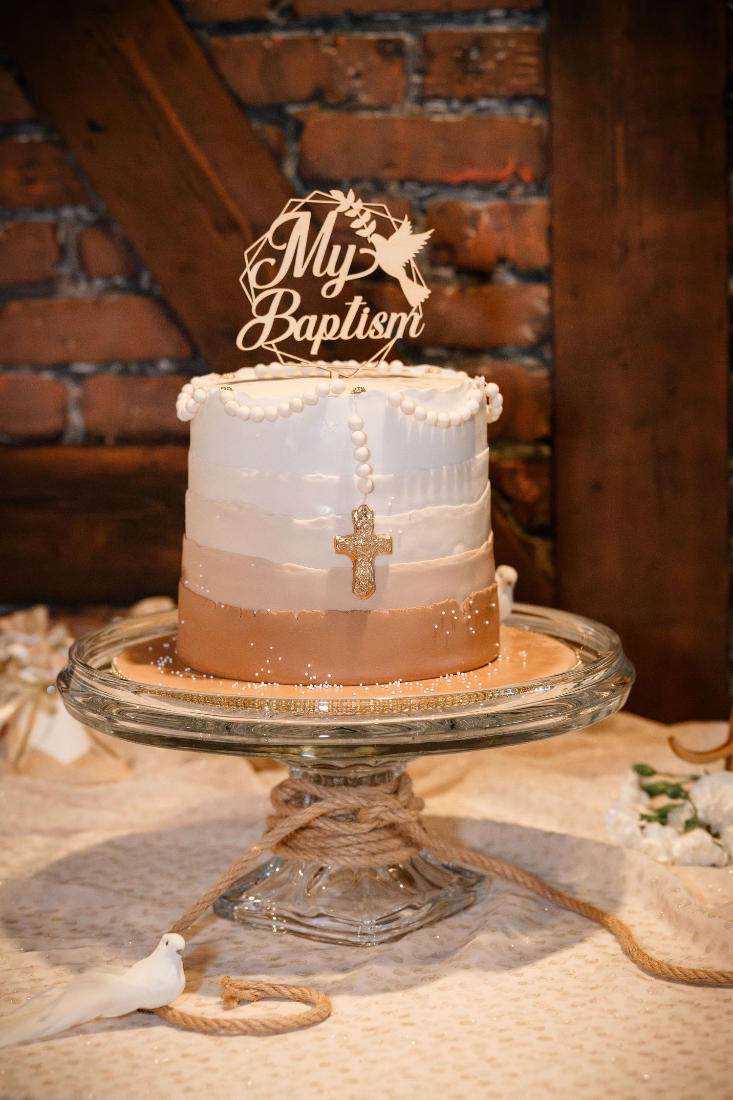 The elegant cake from a Baptism lunch hosted at Casa Juancho in Pequeña Habana, Miami, FL.