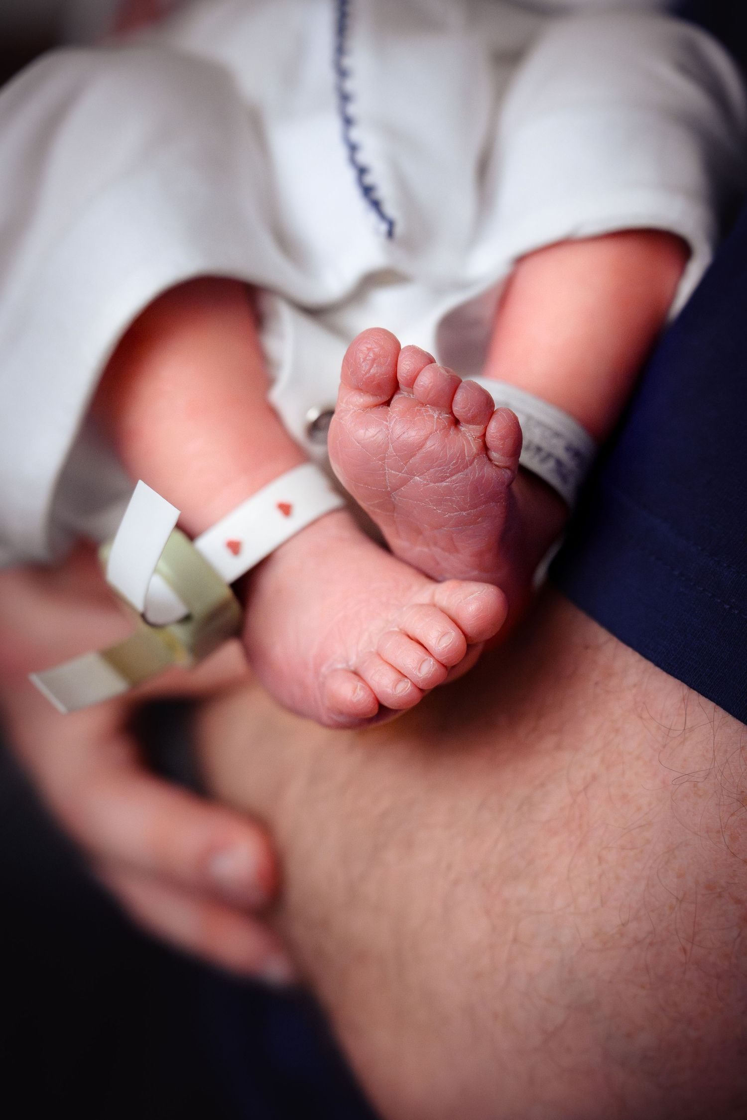 Close-up series of tiny newborn baby feet resting on an adult's hand showing different angles and details.