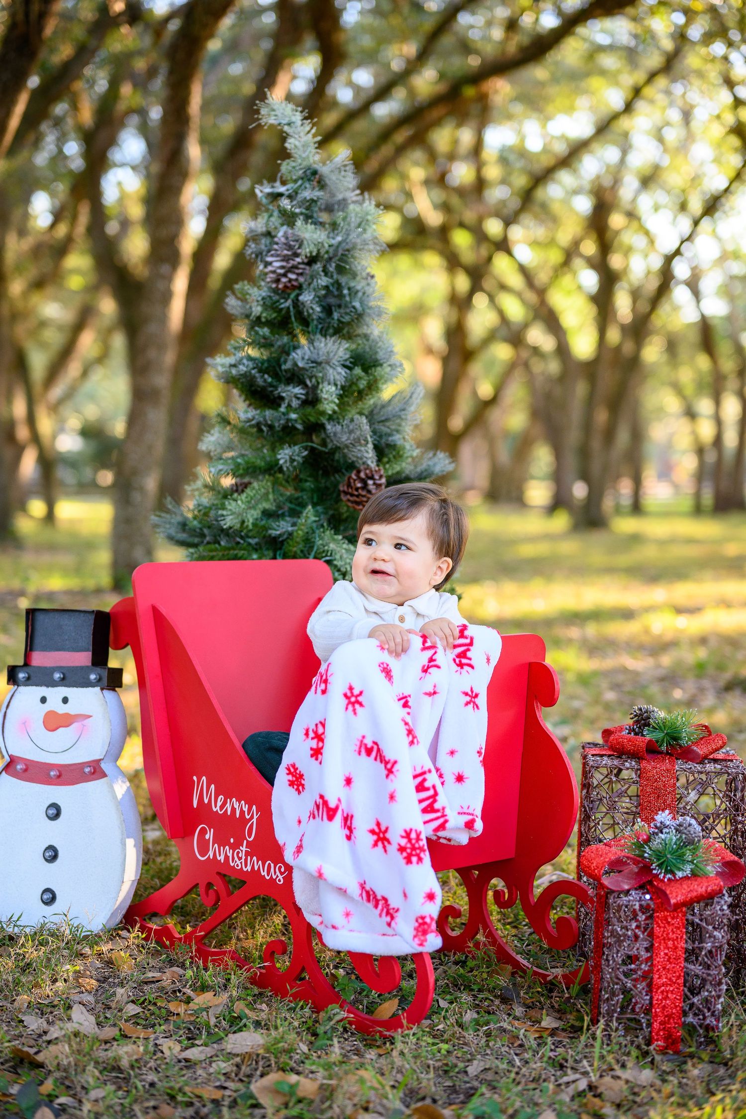 Smiling baby wrapped in Merry Christmas blanket sits in red sleigh outdoors in park.