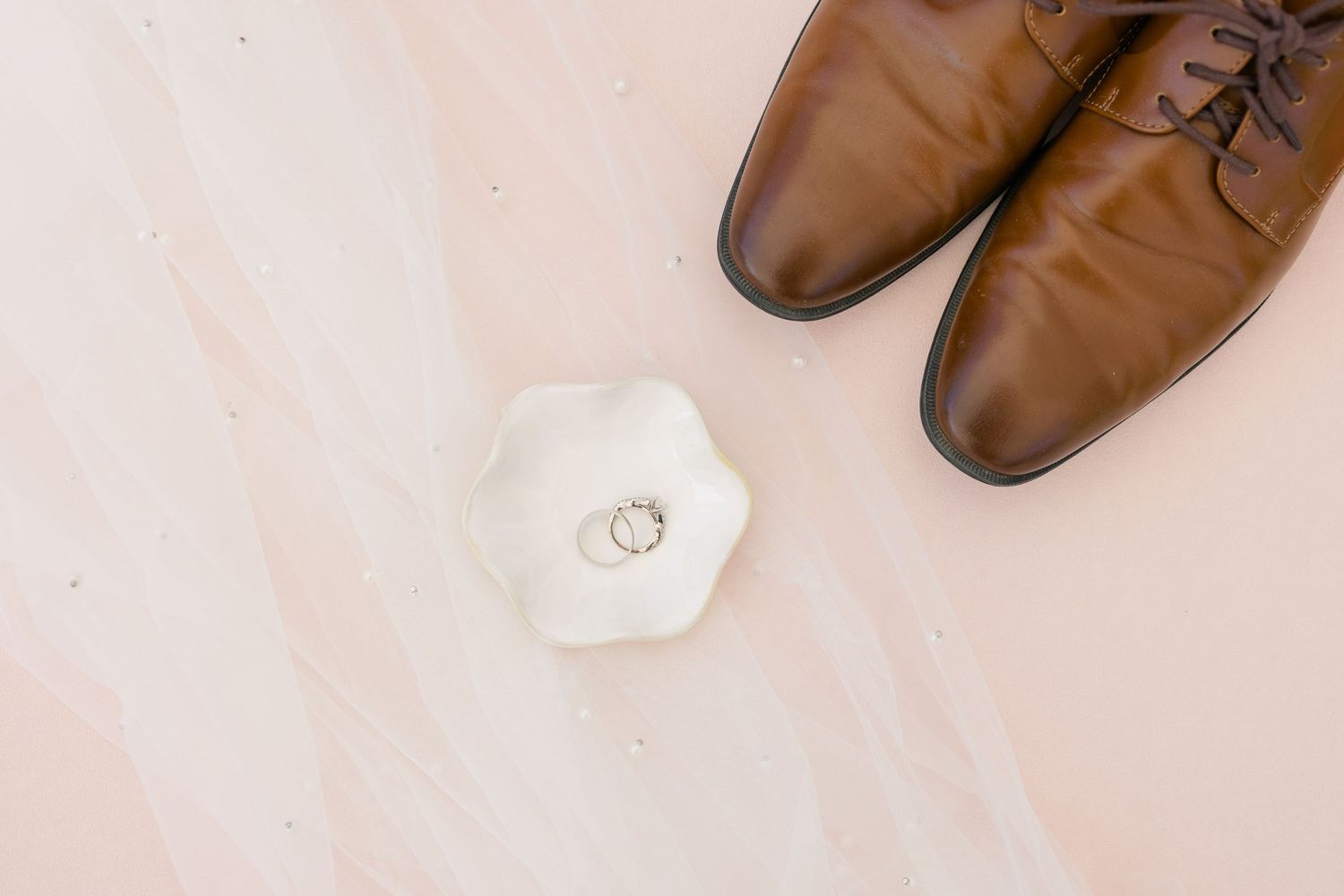 Flat lay Details Wedding Photography Ring, Shoes, Veil