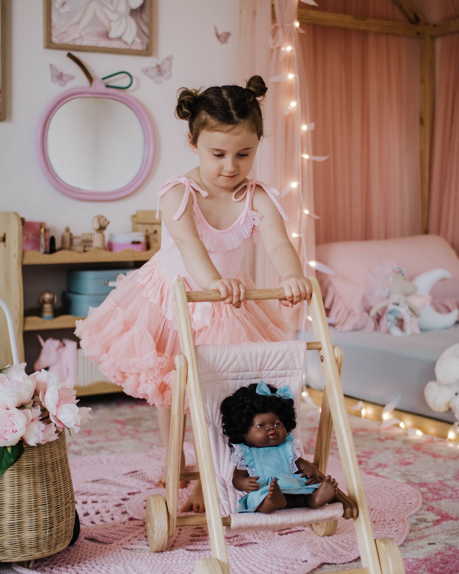 Child playing in bedroom with toys, soft natural light indoor lifestyle photography