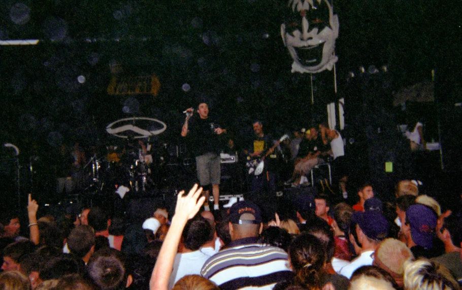 Energetic punk rock concert performance on stage with crowd of fans at Vans Warped Tour event.